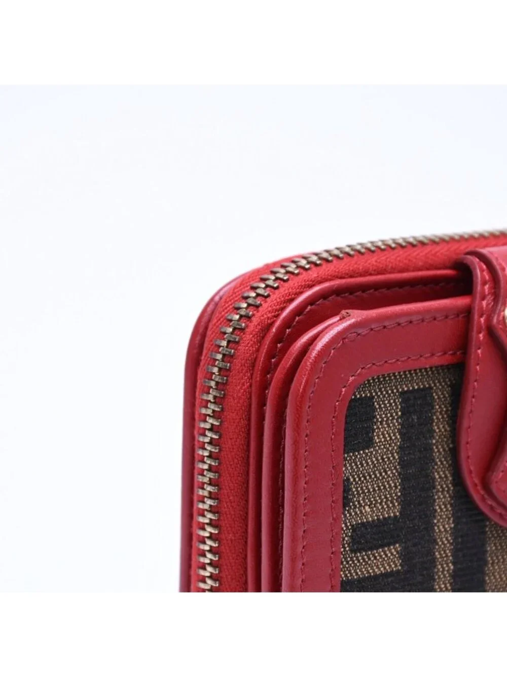 Fendi Compact Wallet Bifold Zucca Pattern Canvas Leather Brown Red Gold